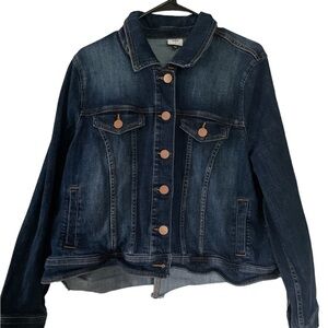 Cabi distressed back hemmed Jean jacket size large